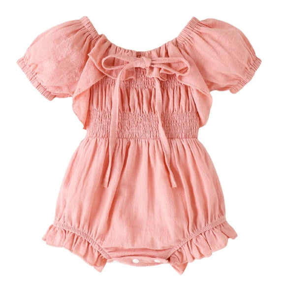Annhoo Newborn Baby Girl Summer Outfits Puff Short Sleeve Smocked Rompers with Drawstring Cute Infant Jumpsuits