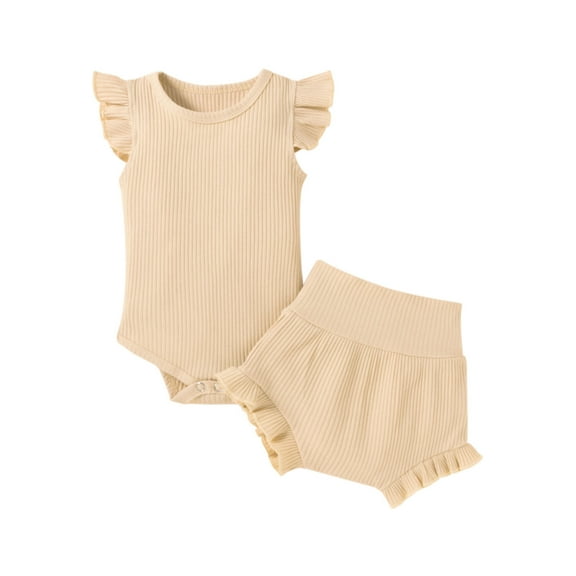 Annhoo Newborn Baby Girls Clothes Summer Knitted Outfits Ruffle Cap Sleeveless Rompers with Elastic Waist Shorts