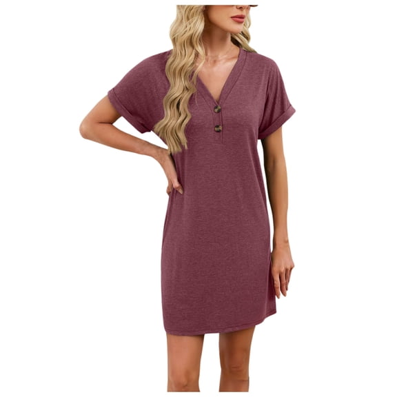 Annhoo Nightgown for Women Casual V Neck Button Decor Solid Color Slim Short Sleeve Nightdress Soft Clothes