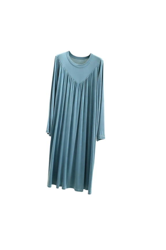 Nightgown for Women Loose Flowy Solid Color Round Neck Pleated Long Sleeve Nightdress Plus Size Sleep Dress