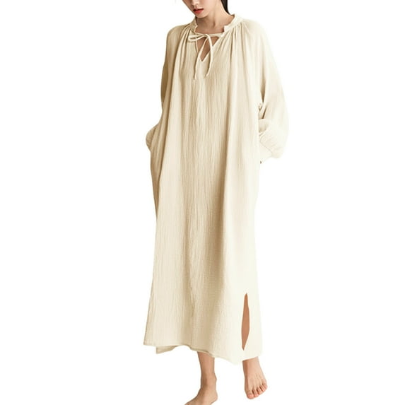 Annhoo Nightgowns for Women Cotton Comfortable Pleated Loose Plain V Neck Long Sleeve Nightdress Fashion Clothes