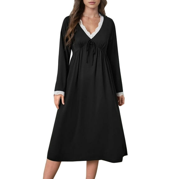 Annhoo Nightgowns for Women Long Sleeve Sleepshirt Lace V Neck Sleepwear Soft Pajama Dress Night Shirt Home Clothing