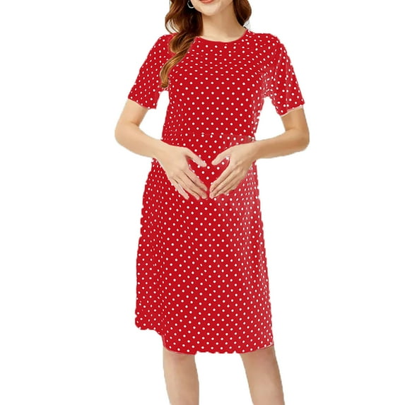 Annhoo Nursing Dress for Breastfeeding Trendy Casual Dots Pattern Short Sleeve Crew Neck Outfits Maternity Clothes