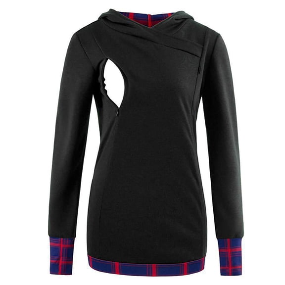 Annhoo Nursing Maternity Sweatshirts for Women Patchwork Plaid Colorblock Tops Long Sleeve Zipper Breastfeeding Hooded Shirts