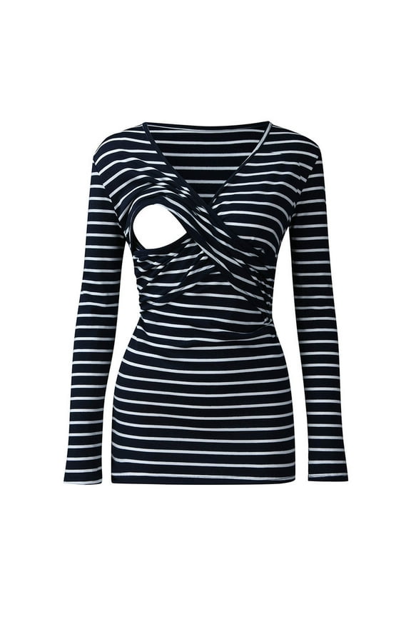 Nursing Tops for Women Maternity Long Sleeve Striped Blouses Pullover V-Neck Casual Pregnant Breastfeeding Shirts