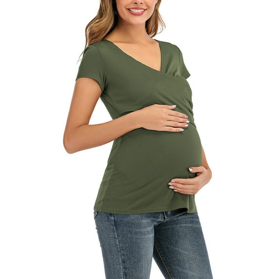 Annhoo Nursing Women's Pregnant Blouses V-Neck Casual Short Sleeve Comfy Layered Pullover Breastfeeding Maternity Tops