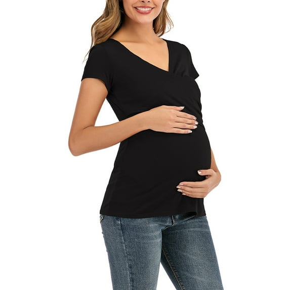 Annhoo Nursing Women's Pregnant Blouses V-Neck Casual Short Sleeve Comfy Layered Pullover Breastfeeding Maternity Tops