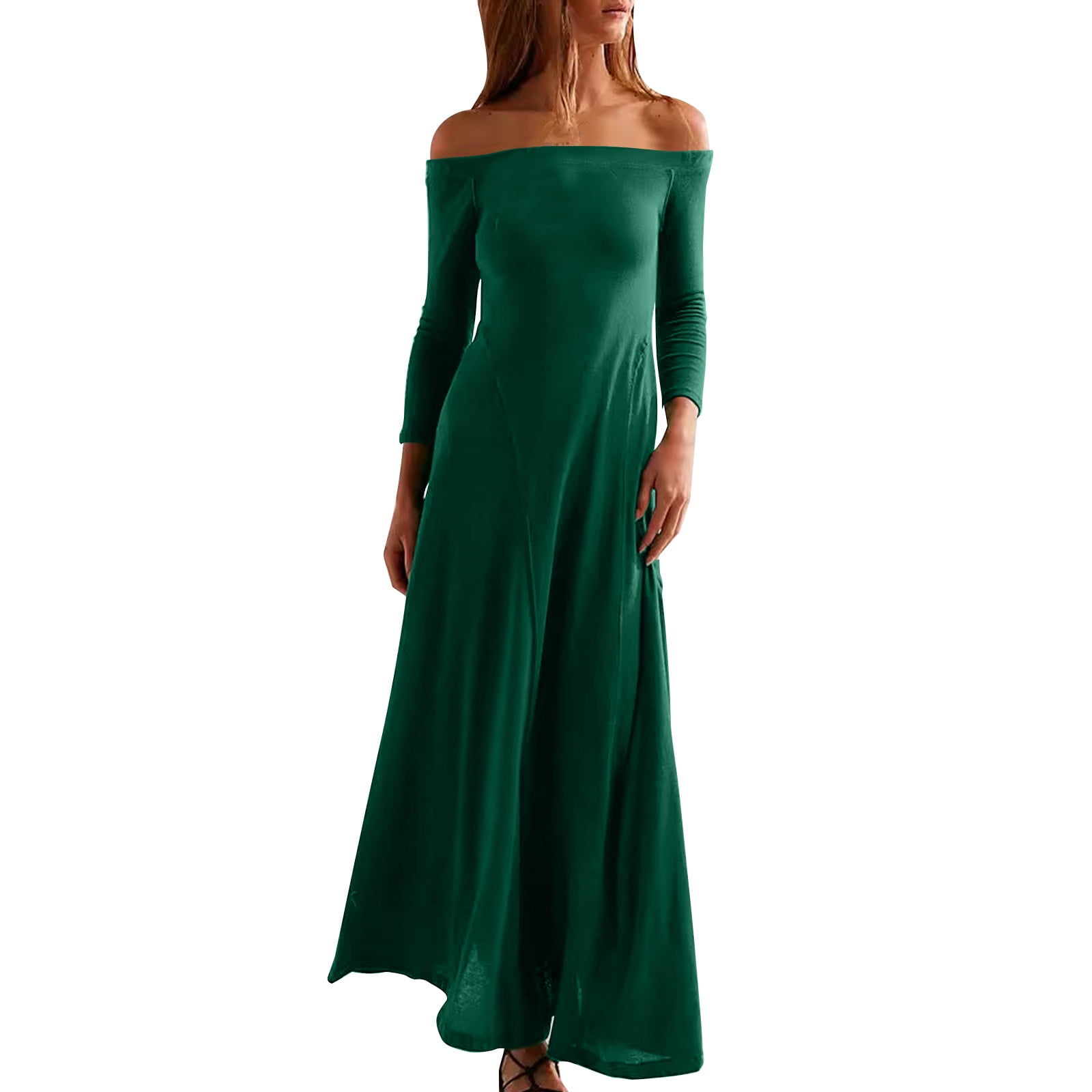 Annhoo Off the Shoulder Dresses for Women Long Sleeve Slim Solid Maxi