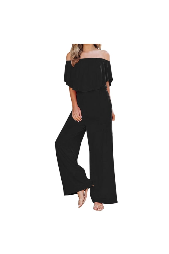 Off the Shoulder Jumpsuits for Womens Loose Wide Leg Rompers Fashion Ruffle Solid Strapless Overalls