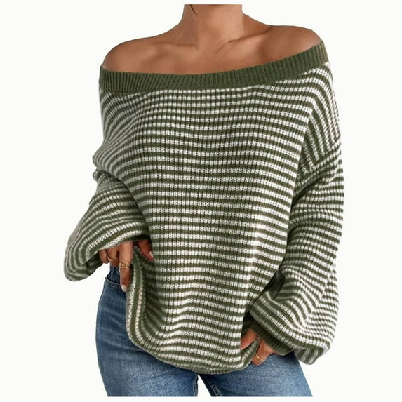 Annhoo Off the Shoulder Sweater for Women Trendy Stripe Long Sleeve Knitted Tops Fall Baggy Comfy Knitwear