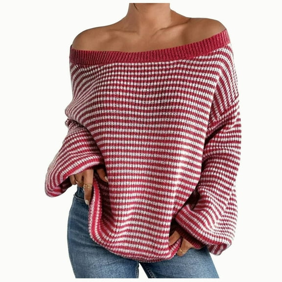 Annhoo Off the Shoulder Sweater for Women Trendy Stripe Long Sleeve Knitted Tops Fall Baggy Comfy Knitwear