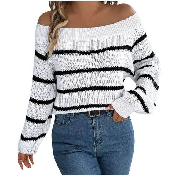 Annhoo Off the Shoulder Sweaters for Women Fall Winter Loose Long Sleeve Knitted Tops Fashion Stripe Printed Shirts