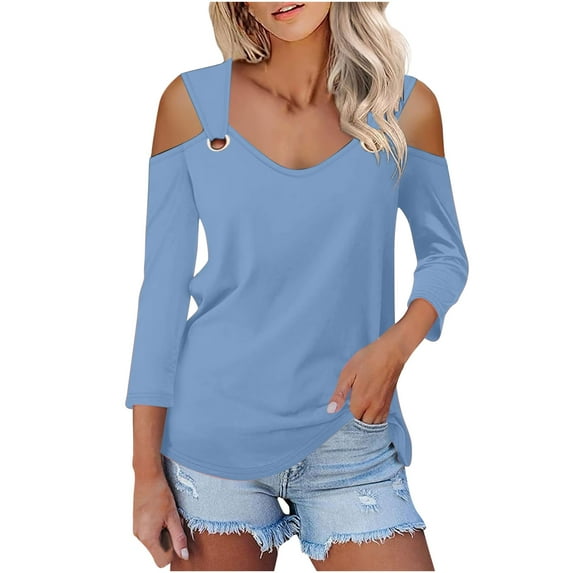 Annhoo Off the Shoulder Tops for Women Casual 3/4 Sleeve V Neck Blouses Ladies Basic Solid Color T-Shirts