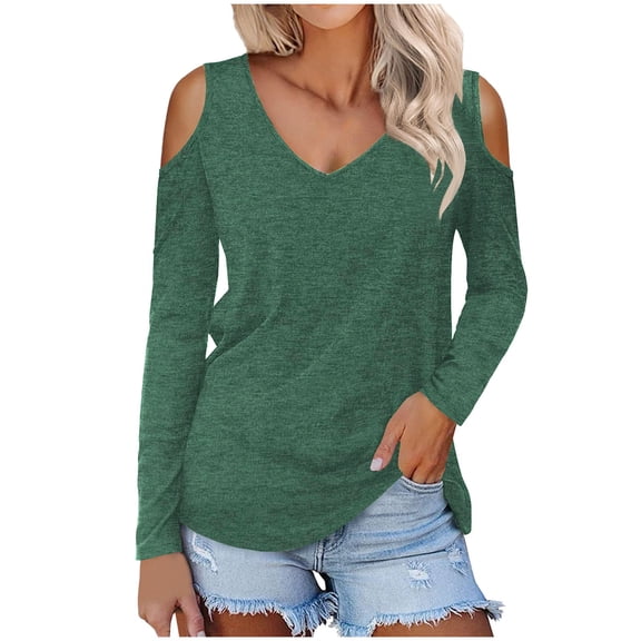 Annhoo Off the Shoulder Tops for Women Long Sleeve V Neck Fall Shirts Casual Comfy Solid Color Dressy Blouses
