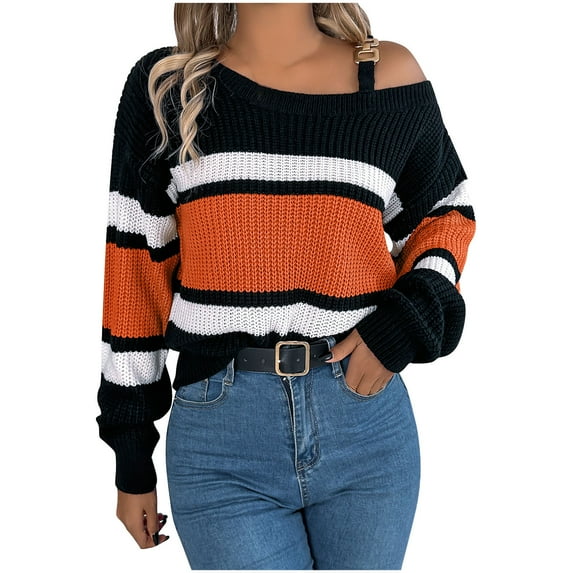 Annhoo One Shoulder Sweaters Women Trendy Color Block Long Sleeve Kintted Pullover Shirts Fall Casual Going out Tops