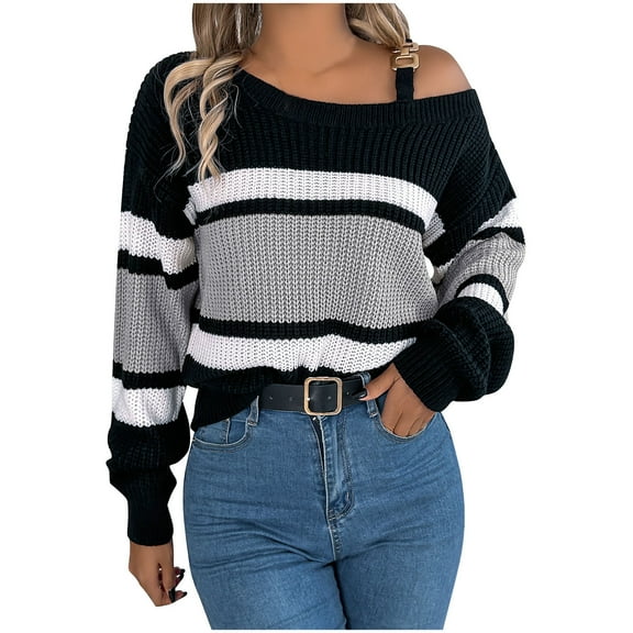 Annhoo One Shoulder Sweaters Women Trendy Color Block Long Sleeve Kintted Pullover Shirts Fall Casual Going out Tops