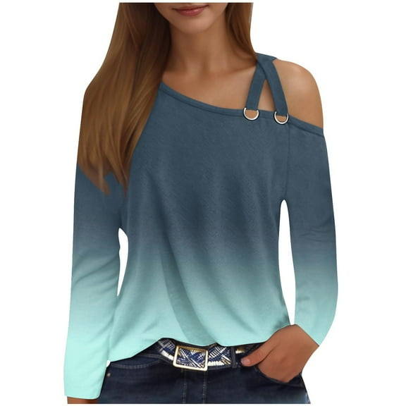 Annhoo One Shoulder Tops for Women Criss-Cross Long Sleeve Shirts Fashion Cold Shoulder Gradient Color Tees