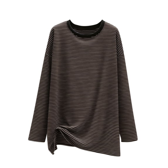 Annhoo Oversize Tops for Women Trendy Casual Crewneck Block Color Stripe Loose Long Sleeve Shirts Loungewear Clothes