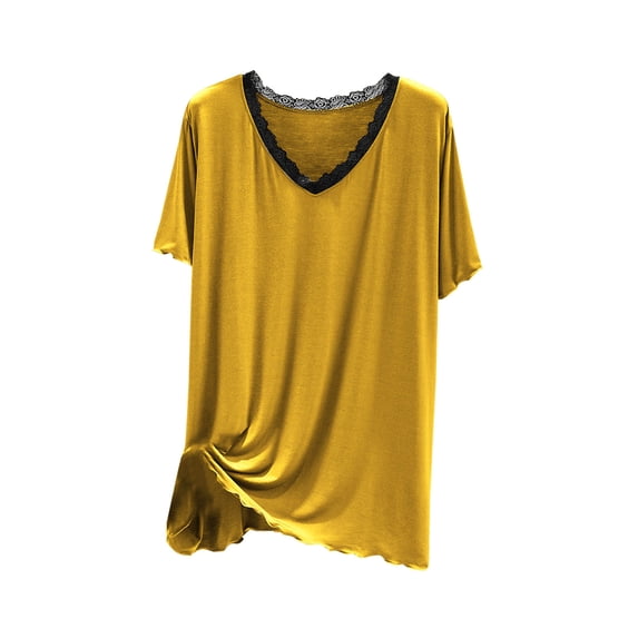 Annhoo Oversized Pajama Shirts for Women Breathable Plain V Neck Lacework Decor Short Sleeve Tops Loungewear Clothes