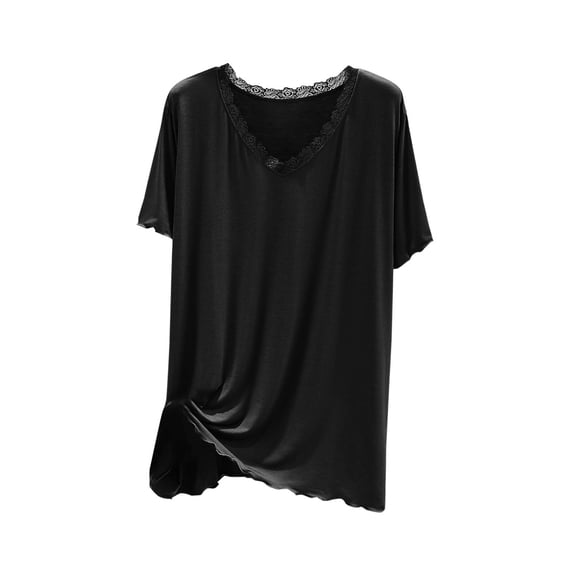 Annhoo Oversized Pajama Shirts for Women Breathable Plain V Neck Lacework Decor Short Sleeve Tops Loungewear Clothes