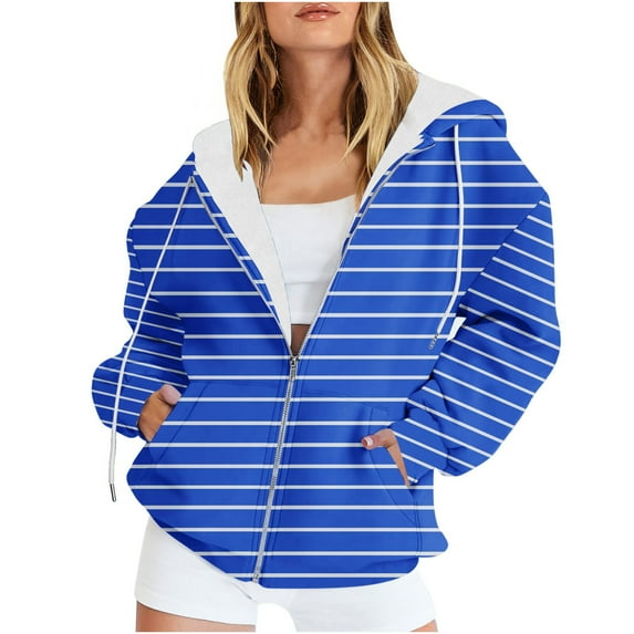 Annhoo Oversized Sweatshirt for Women Fashion Stripe Printed Long Sleeve Hoodies Plus Size Full Zipped Jackets