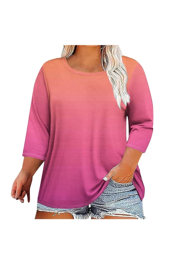 Oversized T Shirts for Women 3/4 Sleeve Fall Round Neck Tops Plus Size Gradient Colour Dressy Blouses