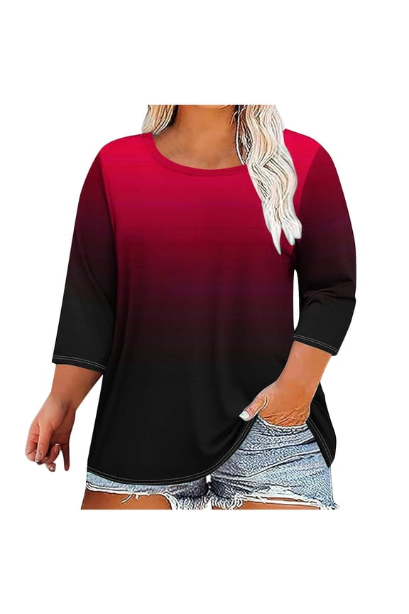 Oversized T Shirts for Women 3/4 Sleeve Fall Round Neck Tops Plus Size Gradient Colour Dressy Blouses