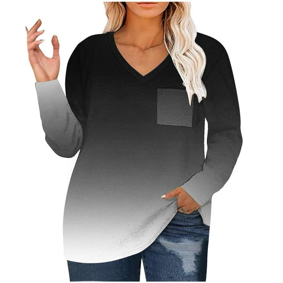 Annhoo Oversized T-Shirts for Women Trendy Gradient Colour Long Sleeve V Neck Tees Fall Plus Size Casual Tops with Pocket