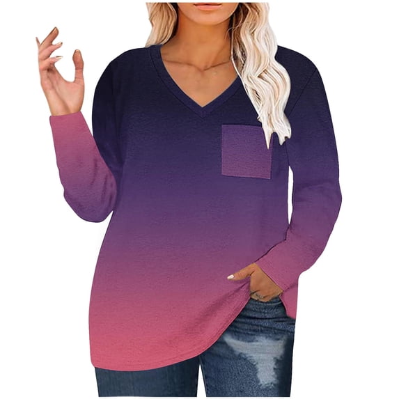 Annhoo Oversized T-Shirts for Women Trendy Gradient Colour Long Sleeve V Neck Tees Fall Plus Size Casual Tops with Pocket