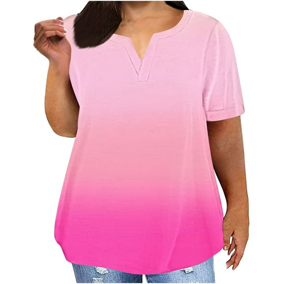 Annhoo Oversized Tshirts for Women Short Sleeve V Neck Gradient Plus Size Tunic Tops Loose Casual Clothes