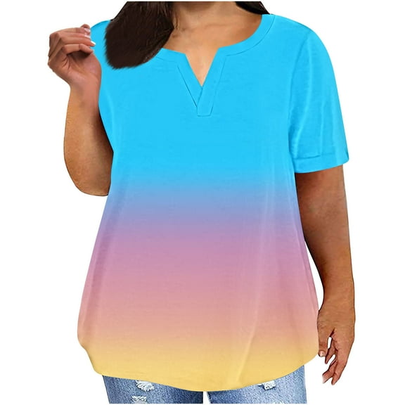 Annhoo Oversized Tshirts for Women Short Sleeve V Neck Gradient Plus Size Tunic Tops Loose Casual Clothes