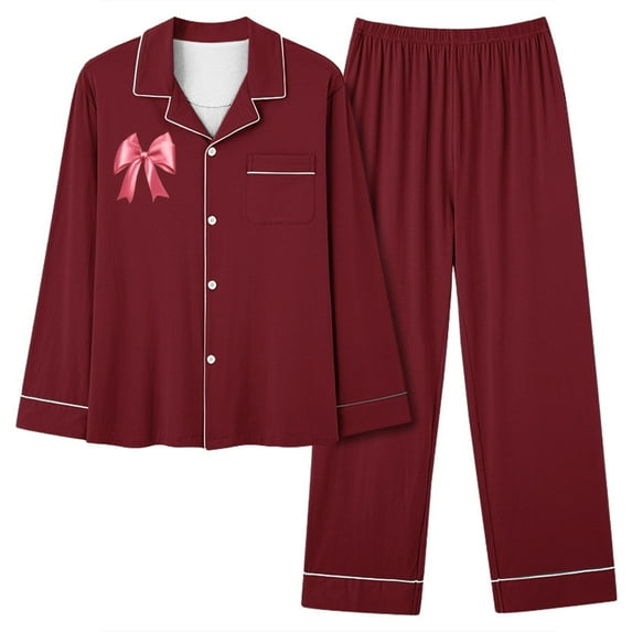 Annhoo Pajama Sets for Women 2 Piece Lapel Long Sleeve Bowknot Button down Shirts Pj Trousers Outfits Loungewear