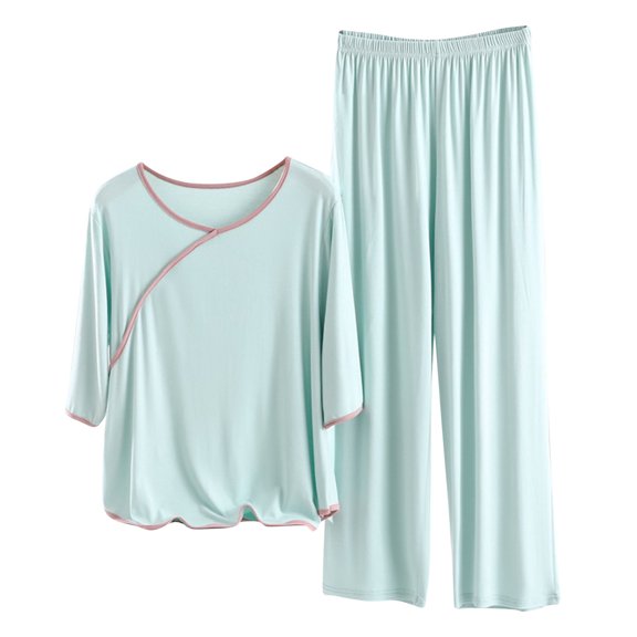 Annhoo Pajama Sets for Women 2 Piece Short Sleeve Trendy Round Neck Tops and Straight Leg Pants Loose Soft Loungewear