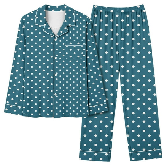 Annhoo Pajama Sets for Women Polka Dots Lounge Outfits Long Sleeve Lapel Button down Shirts 2 Piece Nightwear