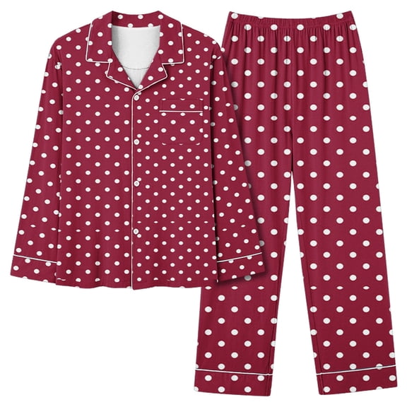 Annhoo Pajama Sets for Women Polka Dots Lounge Outfits Long Sleeve Lapel Button down Shirts 2 Piece Nightwear
