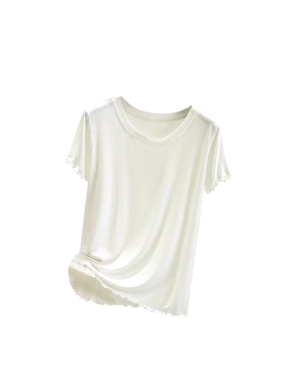 Pajama Tops for Women Casual Crewneck Ruffled Trim Short Sleeve shirt Comfy Soft Sleepwear Shirts