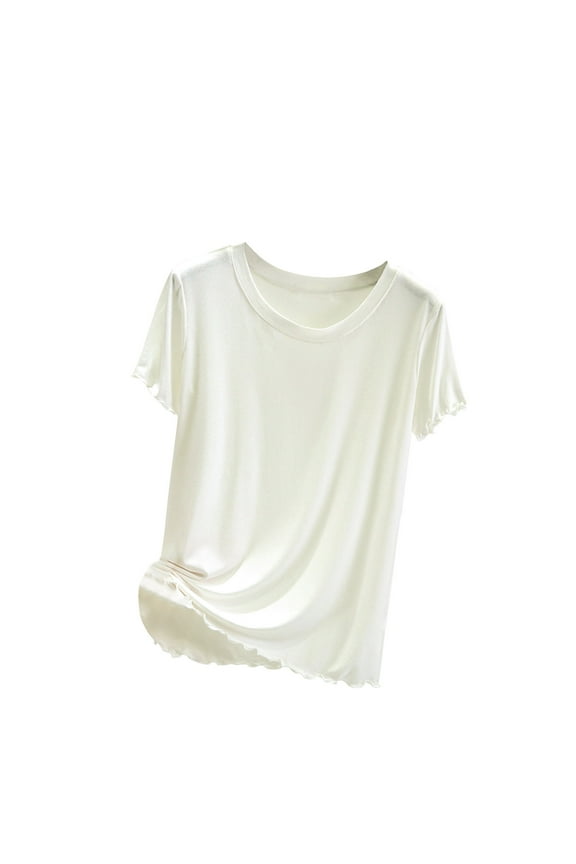 Pajama Tops for Women Casual Crewneck Lace Trim Short Sleeve Blouses Comfy Soft Sleepwear Shirts