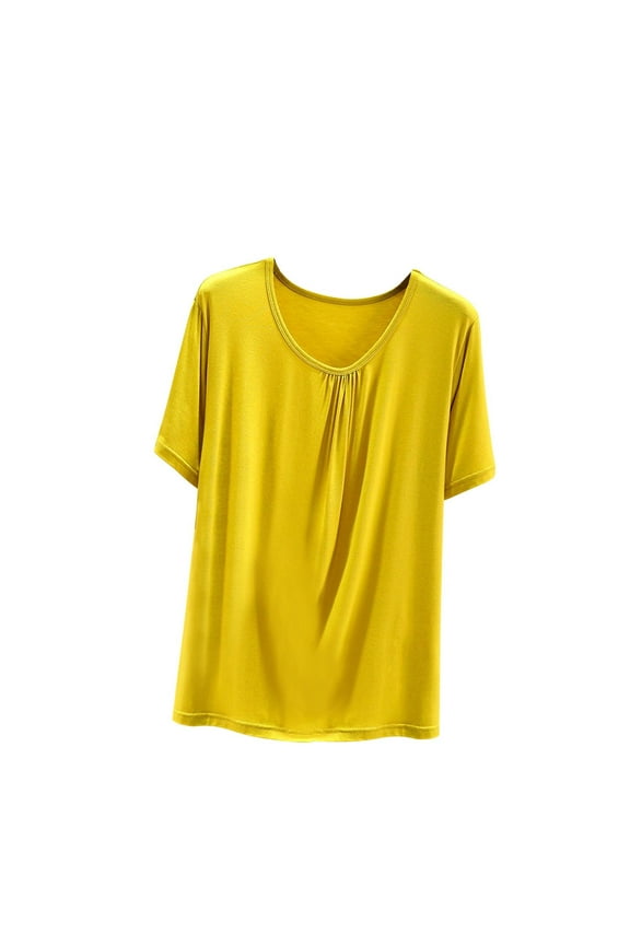 Pajama Tops for Women Lightweight Pleated Solid Color Crewneck Short Sleeve Blouse Casual Soft Clothes
