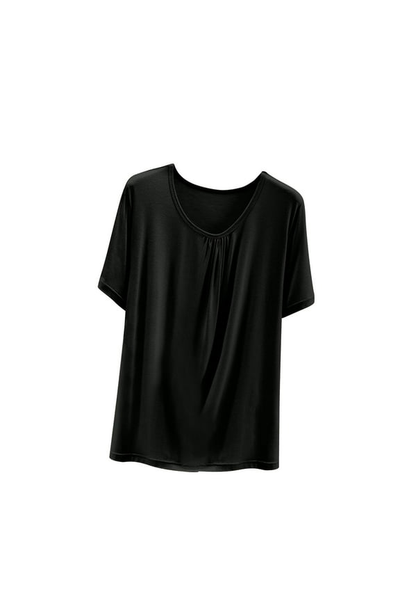 Pajama Tops for Women Lightweight Pleated Solid Color Crewneck Short Sleeve Blouse Casual Soft Clothes