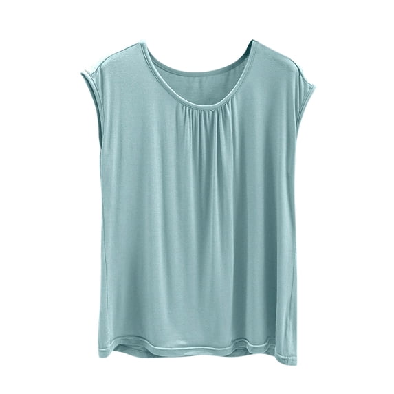 Annhoo Pajama Tops for Women Loose Pleated Solid Color Crewneck Short Sleeve Shirts Casual Clothes