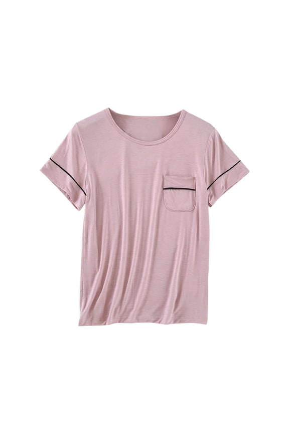 Pajama Tops for Women Spring Summer Block Color Crewneck Loose Short Sleeve Shirts with Pocket Soft Clothes
