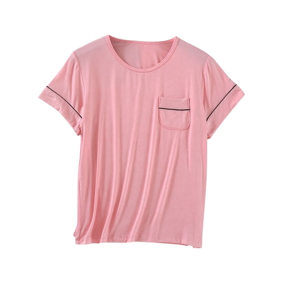 Annhoo Pajama Tops for Women Spring Summer Block Color Crewneck Loose Short Sleeve Shirts with Pocket Soft Clothes
