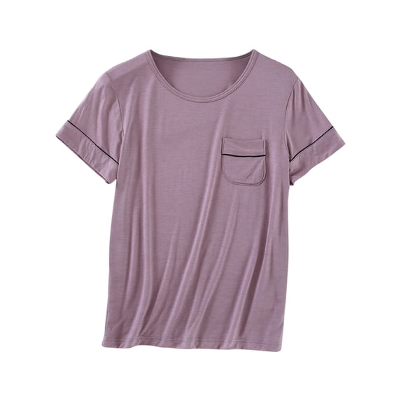 Annhoo Pajama Tops for Women Spring Summer Block Color Crewneck Loose Short Sleeve Shirts with Pocket Soft Clothes