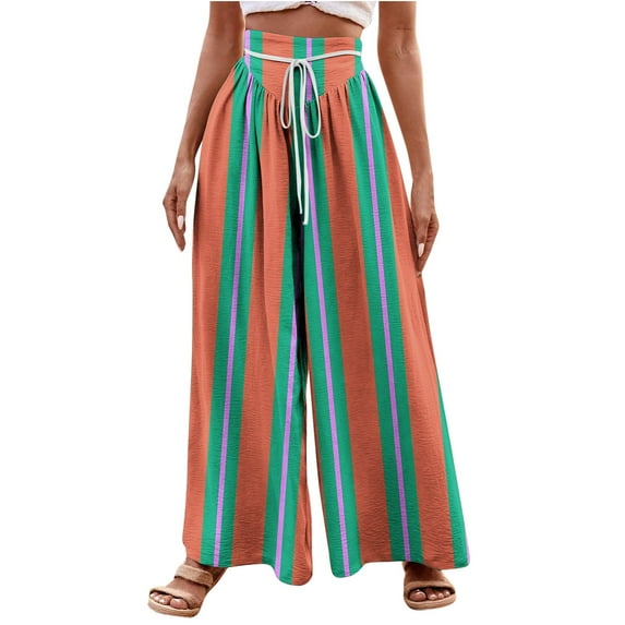 Annhoo Palazzo Pants for Women Casual Stripe Prited High Waist Pants with Drawstring Loose Comfy Wide Leg Trousers