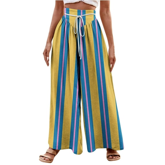 Annhoo Palazzo Pants for Women Casual Stripe Prited High Waist Pants with Drawstring Loose Comfy Wide Leg Trousers