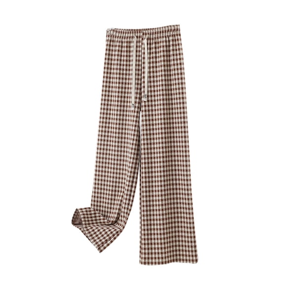 Annhoo Palazzo Pants for Women Classic Plaid Printed High Waisted Drawstring Trousers Casual Loose Wide Leg Pants