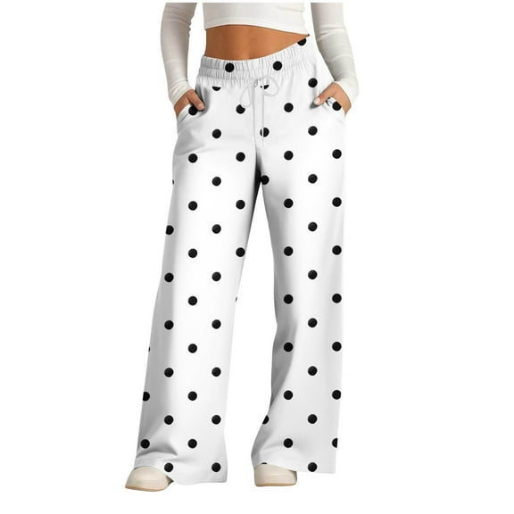 Annhoo Palazzo Pants for Women Plus Size High Waisted Drawstring Pants Fashion Polka Dots Wide Leg Trousers with Pocket