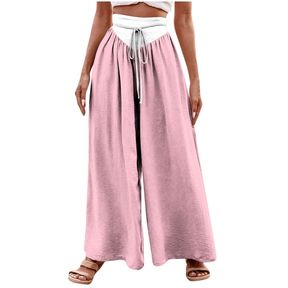 Annhoo Palazzo Pants for Women Trendy Color Block High Waisted Drawstring Trousers Casual Pleated Wide Leg Pants