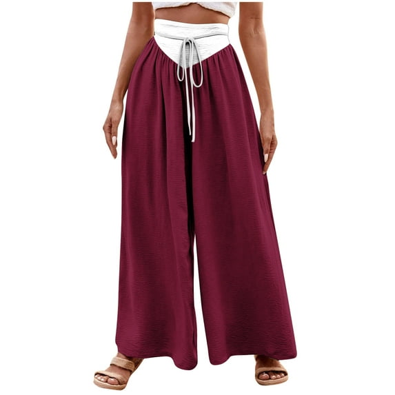 Annhoo Palazzo Pants for Women Trendy Color Block High Waisted Drawstring Trousers Casual Pleated Wide Leg Pants