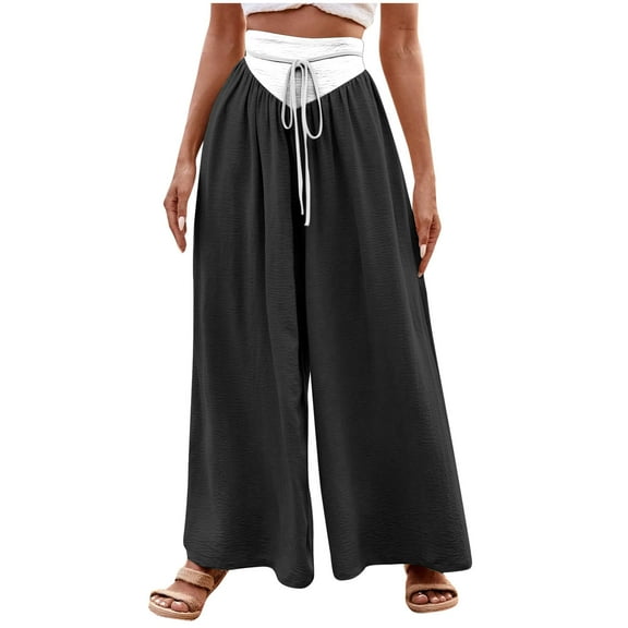 Annhoo Palazzo Pants for Women Trendy Color Block High Waisted Drawstring Trousers Casual Pleated Wide Leg Pants